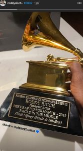 The Box Rapper, Roddy Ricch receives his Grammy Award